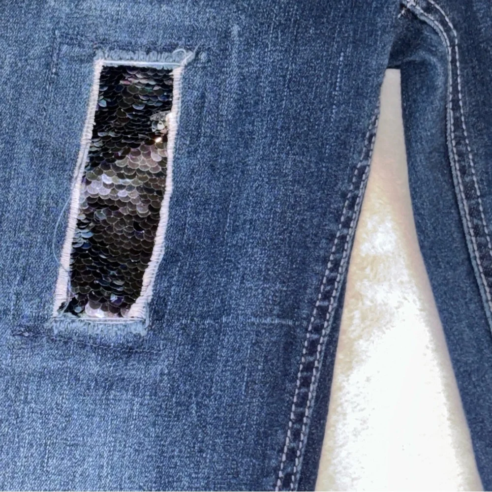 Justice Overalls Denim Sequin Embellished Cuffed Skinny‎ Jean Girls Size 16